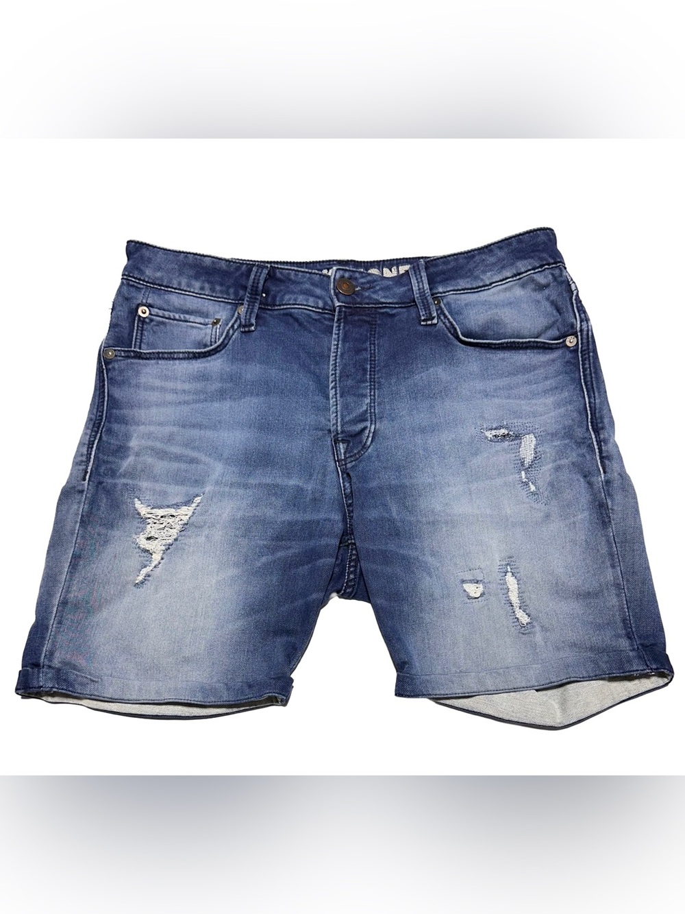 Jack & Jones Indigo Knit Distressed Denim Shorts Medium Wash Men’s M